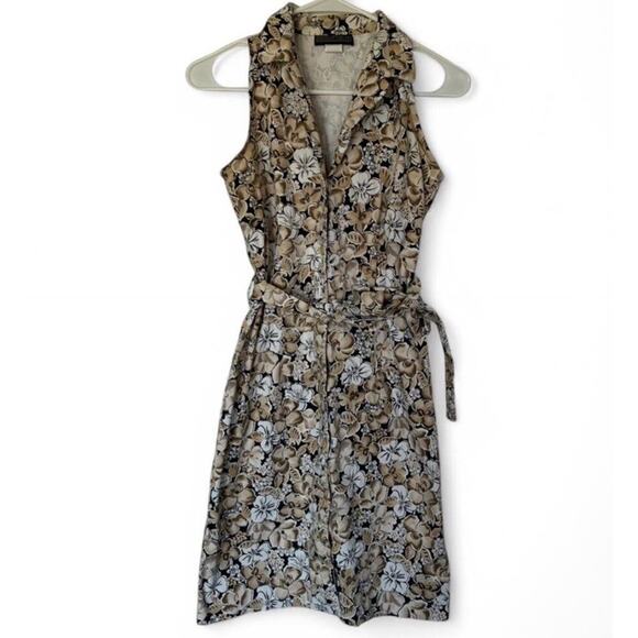 Vintage Herman Geist cotton tan floral tie midi dress size 6 Made in the USA - Picture 2 of 4